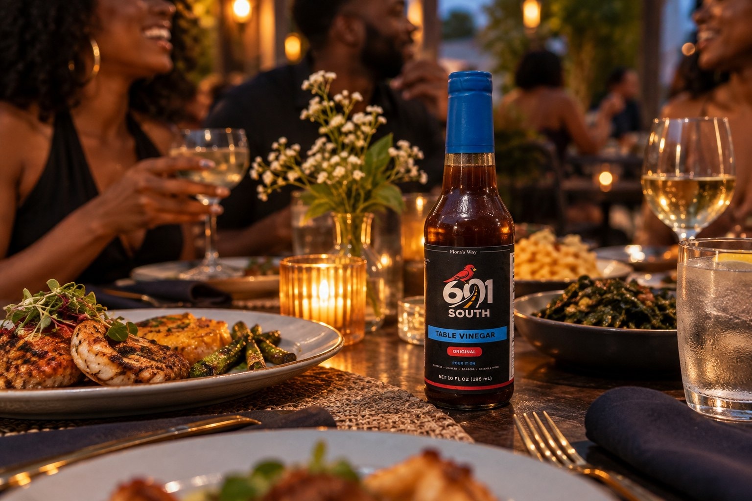 Outdoor summer dinner table with family and friends